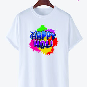 "Happy Holi" Printed T-Shirts Round Neck Polyester for Adults/Couple/Boys/Girls/Men/Women Quircky Colorfull Designs